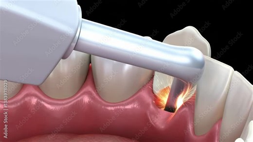 3D animation of dental surgery showing a tool removing a damaged tooth. Realistic close-up of gum treatment and tooth extraction with sparks and precision instrument.