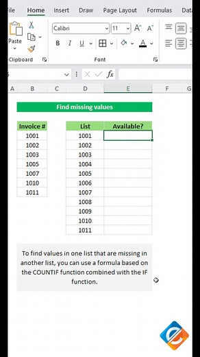 Identifying Missing Values: Using COUNTIF and IF Functions in Excel! Learn how to find values in one list that are missing in another list using a formula based on the COUNTIF function combined with the IF function in Excel. Elevate your spreadsheet skills and dive into this tutorial to efficiently identify missing values between two lists. Watch, learn, and streamline your data comparison process with ease! 💻🔍📊 #ExcelTips #MissingValues #SpreadsheetSkills #DataComparison #ExcelMagic | Excel