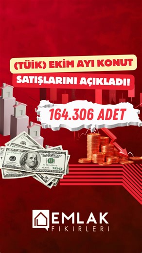 Emlak Fikirleri on Instagram: "📊Türkiye İstatistik Kurumu (TÜİK) Ekim 2025 Konut Satış İstatistikleri verilerini yayınladı! 🏠Türkiye genelinde konut satışları Ekim ayında bir önceki yılın aynı ayına göre %0,5 oranında azalarak 164.306 oldu. Konut satış sayısının en fazla olduğu iller; 🔵İstanbul-26.305 🔵Ankara- 14.681 🔵 İzmir-8.678 Konut satış sayısının en az olduğu iller; 🔵Ardahan-86 🔵Bayburt-135 🔵Tunceli-143 🛑 Detaylar @cey