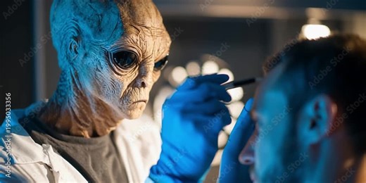 Alien doctor is examining a human patient - alien abduction and medical exam concept