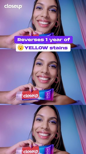 Closeup White Now purple color corrector toothpaste reverses up to 1 year of yellow stains, leaving your teeth visibly whiter from 1st brush | Closeup