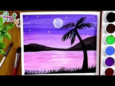 Easy Watercolor LANDSCAPE painting (night) for beginners