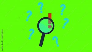 A problem-solving animated cartoon icon in the green background - a magnifier and questions icons
