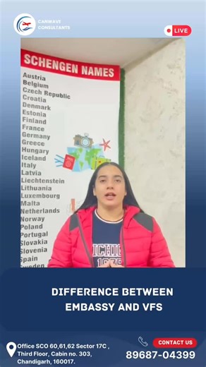 Canwave Consultants on Instagram: "Embassy 🇦🇺 vs VFS 🌍 Same visa process—but different roles 👇 🔹 Embassy decides your visa 🔹 VFS only collects your file & biometrics ❌ VFS does not approve or refuse visas Apply smart. Know the difference. ✔️ #EmbassyVsVFS #VisaProcess #VisaGuidance #StudyVisa #TouristVisa #VisitorVisa #ImmigrationTips #VisaKnowledge #ApplySmart Canwave Consultants 📍 Visit Us At: SCO 60,61,62 Sector 17C, Third Floor, Cabin No. 303, Chandigarh - 160017 📞 Call Now: 89687043