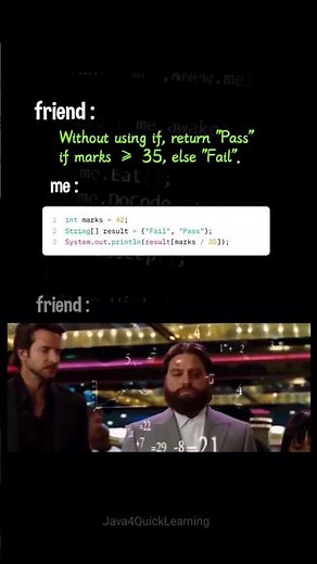 Without using if, return pass or fail in java #corejava #program #coding #java4quicklearning
