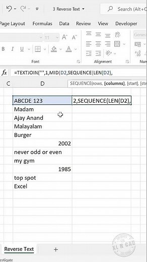 Excel formula to Reverse a Text or Number