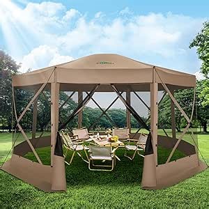 COBIZI Pop Up Gazebo Screen Tent Screen House for Camping, 15x15 Screen Room with Mosquito Netting, Hub Tent Instant Screened Canopy with Carrying Bag and Ground Stakes, Khaki