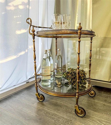 Vintage Bar Cart Brass Glas | French Mid Century Serving Trolley | Antique Movable Side Table Brass | Tea Cart Round With Removable Tray - Etsy UK