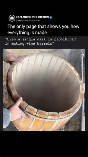 Explaining Production on Instagram: "Did you know that wine barrels are built without a single screw or nail? 🤯 Here’s why: Screws can pierce the wood and create tiny leaks — ruining the barrel’s watertight seal. Metal inside the wine can cause unwanted reactions, altering taste and quality. A screw hole is permanent, but barrels need to expand and contract naturally as the wood breathes. Instead, the staves (wooden planks) are pressed tightly together and bound with strong hoops — makin