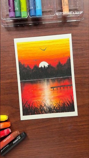🌅 Easy Sunset Lake Scenery Drawing with Oil Pastels | Beautiful Nature Art