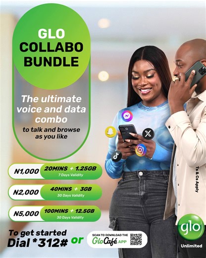 4.5K views · 67 reactions | No need to buy separate bundles anymore. The Glo Collabo Bundle gives you talk time and data together, so you can call, text, and surf with ease. Choose from ₦1000 for 20 mins + 1.25GB, ₦2000 for 40 mins + 3GB, or ₦5000 for 100 mins + 12.5GB. Dial *312# to get started  #GloUnlimited #Gloworld #Glocollabobundle | Glo World | Facebook