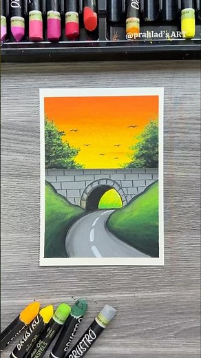 Easy Sunset Road Tunnel Drawing with Oil Pastels | Step-by-Step Landscape Art