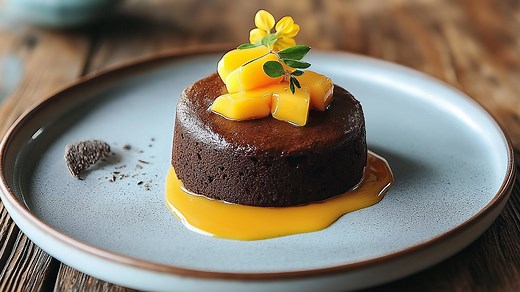 Le fondant au chocolat et coulis de mangue de Jonathan Garnier