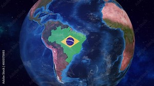 Brazil: 3D Animation of Earth Zooming into Brazil with its border highlighted with its National Flag