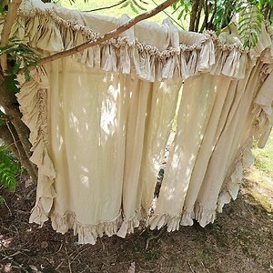 Vintage Washable Cream Ruffled Curtains 2 Panels And ruffled Valance