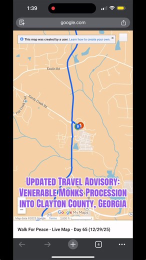 Travel Route Update: Venerable Monks Procession – Clayton County, GA Following their lunch break, the venerable monks will resume their journey toward Clayton County, GA. The procession will depart Fayetteville, GA traveling along Tillman Road, Veterans Parkway, & Westbridge Road before continuing toward Highway 138. They will travel down Hwy 138 crossing over Hwy 85 in Riverdale, GA before proceeding onto Tara Boulevard in Jonesboro, GA. The route will continue north on Tara Boulevard to Mount 