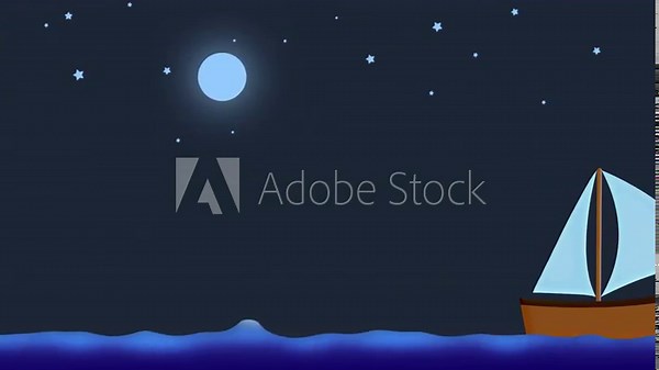 Looping animation. Ship sailing in the ocean. Cartoonish animation of a boat sailing on the ocean. Changing day to night time. Clouds in the sky with a shiny sun. Includes all sound effects.