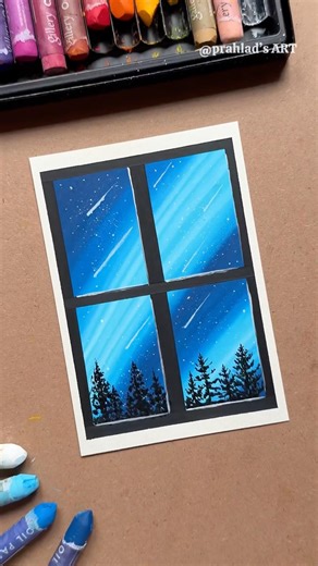 Beautiful Night Sky Drawing with Oil Pastels | Easy Window Scenery Tutorial
