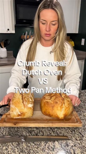 Part two of the Dutch oven vs two-pan showdown 👀 So here’s the crumb reveal and before anyone comes for me, yes, the Dutch oven loaf might have a few bubbles… not because I don’t know what I’m doing, but because it was 2 a.m. and my dough was probably like, “girl, go to bed.” 😭 The two-pan loaf though? Flawless. Open, airy, soft as a cloud, and baked to perfection as always. Both loaves are beautiful… and have their place in my kitchen, one for Sammie’s and one for paninis ❤️ Which method is y
