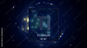 Titanium as Element 22 of the Periodic Table. Seamlessly looping 3D animation on blue illuminated atom design background with orbiting electrons. Design shows name, atomic weight and element number