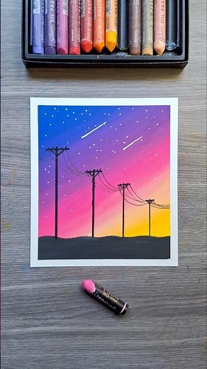 🌅 Sunset Power Lines Drawing with Oil Pastels | Easy & Beautiful Sky Art