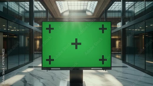 Modern office lobby with chroma key screen for dynamic announcements, perfect for corporate communications and tech presentations with editable content