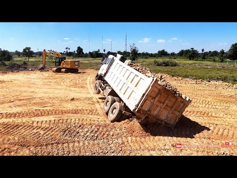 Unexpected Fail! Extreme Dump Trucks Back Unloading & Expert Rescue by CAT Excavator, Komatsu Dozer