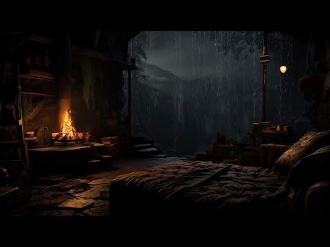 Gentle Rainfall in Forest Cabin 🌧️ Fireplace Ambience & Night Sounds for Sleeping