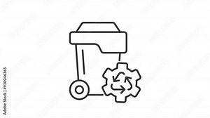 Waste management line animation. Animated trash bin and recycling sign icon. Waste collection and processing. Black illustration on white background. HD video with alpha channel. Motion graphic
