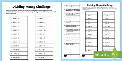 Dividing Money Challenge Worksheet