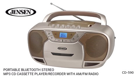 JENSEN CD-590-C CD-590 1-Watt Portable Stereo CD and Cassette Player/Recorder with AM/FM Radio and Bluetooth (Champagne)