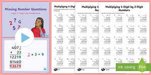 Multiplication 4-Digit x 2-Digit Missing Numbers Differentiated Worksheet Pack