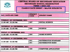 CBSE Class 10 (Term 1) Exam Date Sheet 2022: CBSE 10th Time Table (PDF) Download @cbse.gov.in