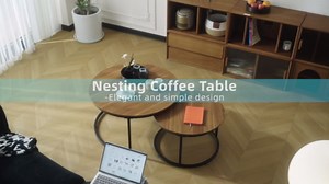 Nesting Tables Set of 2, Round Coffee Table, Small Nesting Coffee Table with Adjustable Non-Slip Fee, Wood Grain Top Nesting Tables for Living Room, Bedroom (Wood Grain Light Brown)