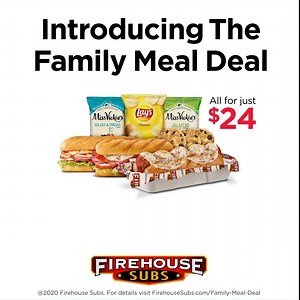 Introducing the Firehouse Family Meal Deal for just $24. Choose 3 subs from our family favorites: Hook & Ladder, Firehouse Meatball, or Italian, 3 bags of chips and 3 freshly baked cookies. Let's eat! Order on our app or online here: firehousesubs.com/locations | Firehouse Subs