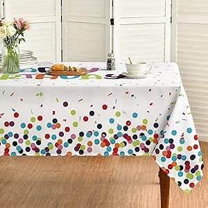 Horaldaily Birthday Tablecloth 60x140 Inch Rectangular, Happy Birthday White Washable Seasonal Table Cover for Party Picnic Dinner Decor