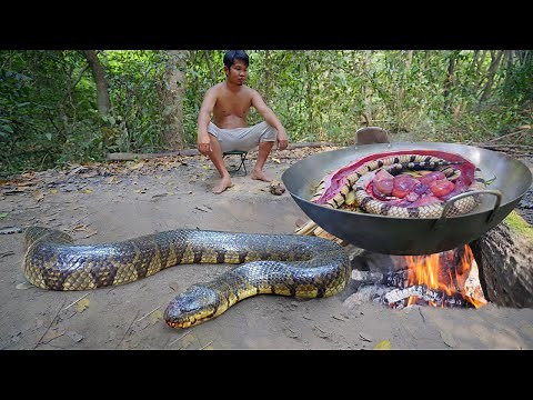 Amazing Catch Big Snake by Hand n Cooking to Survival in Forest