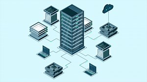 Isometric computer technology animation. Computation of big data center. Cloud computing. Online devices upload and download information. 4K animated in isometric style