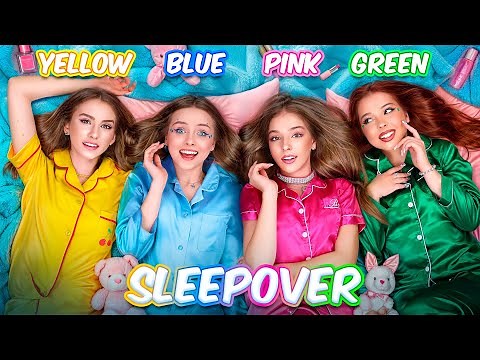 One Color Challenge Sleepover! Pink vs Blue vs Yellow vs Green Bestie