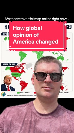 This map is one of the internet’s most controversial geography visuals right now. 🌎🇺🇸 It’s based on international Pew Research survey data comparing where public opinion of the United States was viewed more favorably vs more unfavorably across different periods of time. But here’s the important part most people miss: 👉 Public opinion is influenced by WAY more than just one president. Things like: • wars & foreign policy • trade relationships • social media narratives • global news coverage •