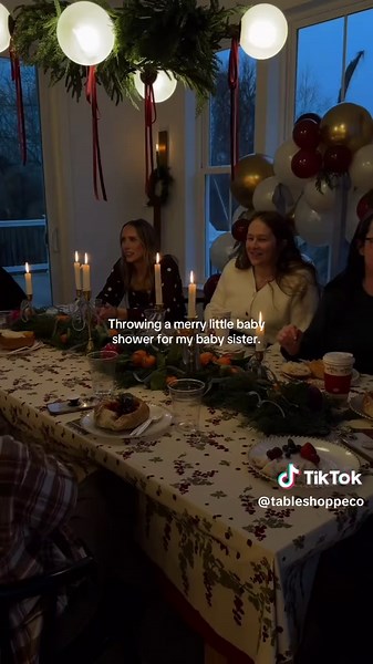 It’s a Merry Little Baby Shower ⭐️🎄👼 For decor: -Our winterberry tablecloth with greenery, winter fruits, candlesticks and blue bows for baby boy. -Balloon garland with cream, gold, and red balloons, bows and sprigs of greenery throughout For food: -Soup and bread bowls, salad, fruit, chips and dip -Hot cocoa bar -My favorite wegmans ultimate white cake garnished with rosemary, cranberries, and a blue bow for baby boy -Homemade Banana pudding dessert bites from Trader Joe’s We ate dinner, play