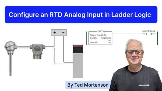 ▶ You can read the full article here: https://www.realpars.com/blog/rtd-analog-input?utm_source=facebook&utm_medium=social&utm_campaign=socialdescription In this video, you’ll learn how to connect a Pt100 RTD through a 2-wire transmitter to a ControlLogix 1756-IF8 input module, set up scaling, and program simple Ladder Logic to activate alarms when the temperature exceeds safe limits. For the full video, head over to our YouTube channel: https://youtu.be/Bs1Nh2Ku9YA | RealPars