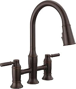 Delta Renaldi Oil Rubbed Bronze Kitchen Faucet with Pull Down Sprayer, Bridge 3 Hole Modern Kitchen Sink Faucet, Two-Handle, Venetian Bronze 2384L-RB-DST
