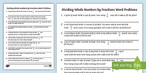 Fifth Grade Dividing Whole Numbers by Fractions Word Problems Worksheet
