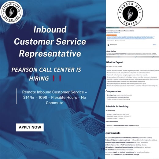 Inbound Banking Customer Service Representative 📌 Pearson Call Center is HIRING! 💼 Position: 1099 Independent Contractor 🌎 Location: Remote — Hiring in most U.S. states 💰 Pay: $14.00/hr 📲 Apply Now: https://pearsoncallcenter.com/job/inbound-customer-service-representative-2/ Pearson Call Center is looking for Inbound Banking Customer Service Reps to support a major financial institution. This is a fully remote 1099 contractor role with flexible scheduling and great long-term growth potentia