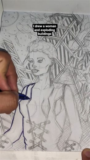 I drew a woman and exploding buildings #comics #ballpointpendrawing #drawing