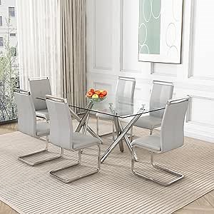 Glass Dining Table Set for 6,71" Glass Kitchen Table Set with Chrome Legs,Modern Glass Dining Room Table and Chairs Set for 6,Glass Dining Room Table Set with Chairs,7 Piece Dining Table Set