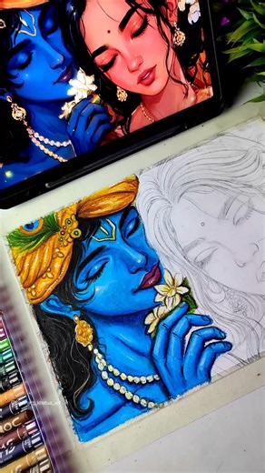 Radha Krishna Drawing With Oil Pastel 🦚✍️, Krishna Drawing In Animestyle #shorts #radha #krishna