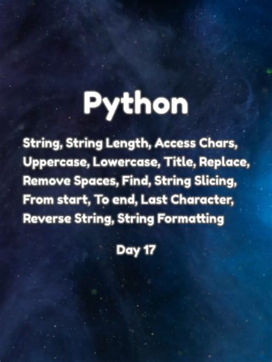 Python Project Day 17 | Strings and String Methods In this Python beginner tutorial, you will learn how to work with strings, manipulate text, and use common string methods in Python. In this video, we cover: Understanding Strings in Python Finding String Length Accessing Individual Characters Converting Text to Uppercase Converting Text to Lowercase Using Title Case Replacing Text with replace() Removing Spaces with strip() Finding Text with find() String Slicing Basics Slicing from Start Posit