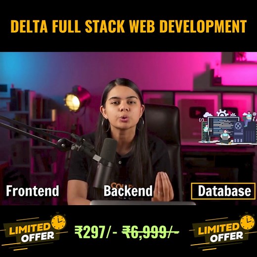 Full Stack Web Development Course Special Offer: Only ₹297! Limited Time Offer – Hurry Up! What You'll Learn: Complete Frontend & Backend Development Comprehensive Database Management: SQL & MongoDB Master the MERN Stack: MongoDB, Express, React, Node Real-Life & Industry-Grade Projects Course Highlights:- 500 Video Lectures: In-depth coverage of the MERN stack Alternate Day Classes 12 Hours of Live Mentorship Sessions: Covering all important topics Course Duration: 4.5 months Lifetime Access: L